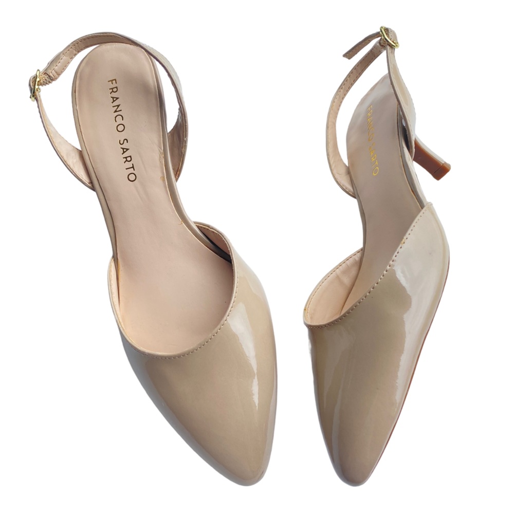 Franco Sarto Rely nude patent kitten sling back heels pointed toe womens shoes 7
